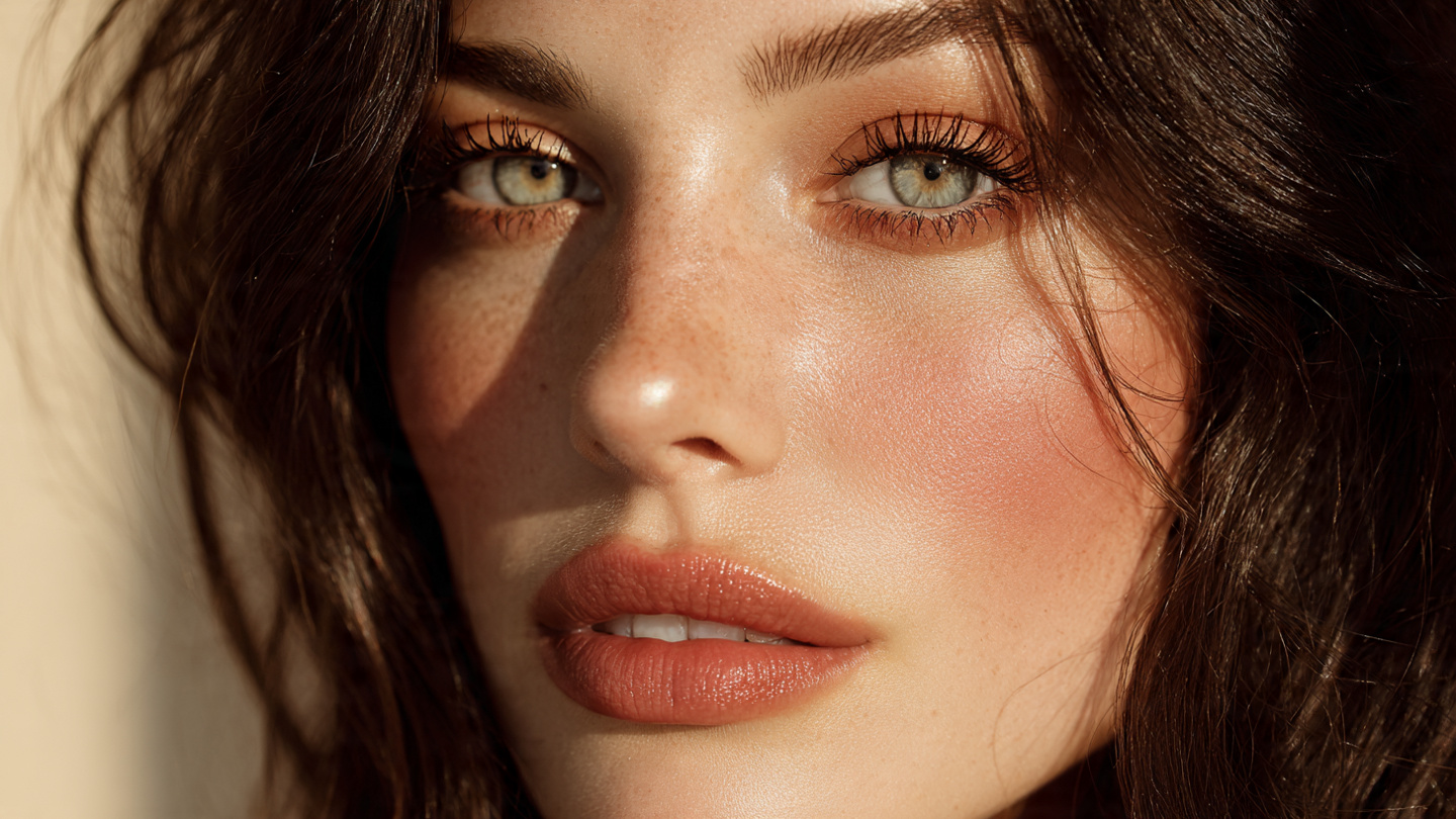 Close-up of soft glam natural makeup look with glowing skin and neutral tones