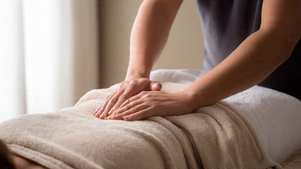 Therapist performing lymph drainage massage on abdomen to reduce bloating