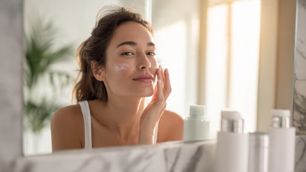 Woman applying moisturizer for glowing natural makeup base
