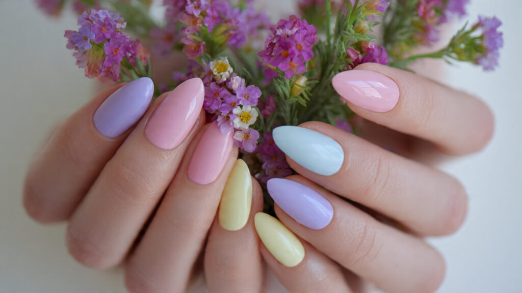 Pastel French tip Easter nails design with glossy finish