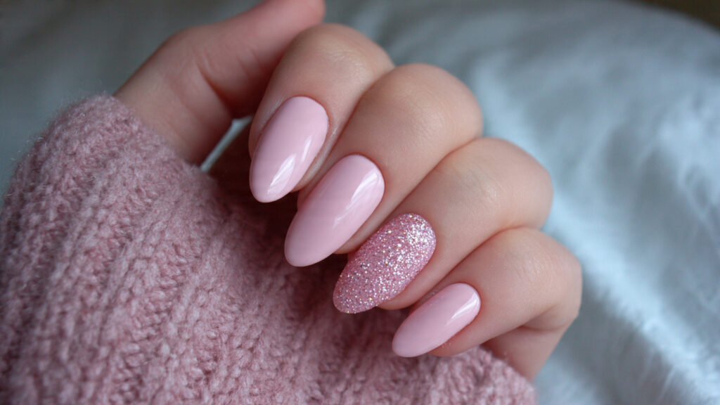 Pink Easter nails with glitter accent