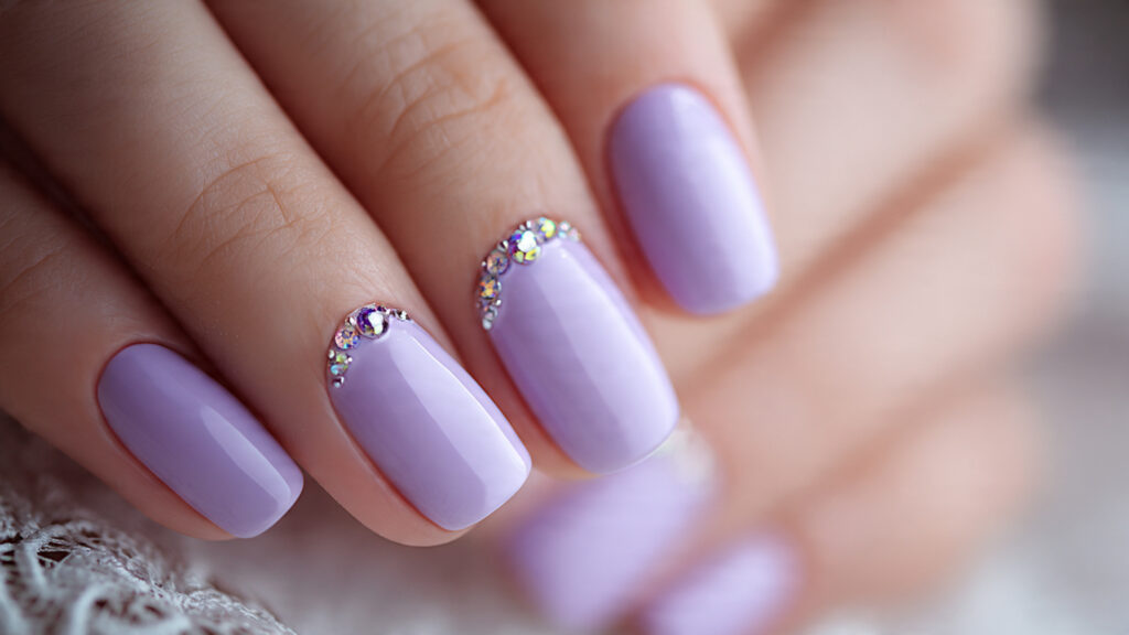 Lilac Easter nails with rhinestone accent