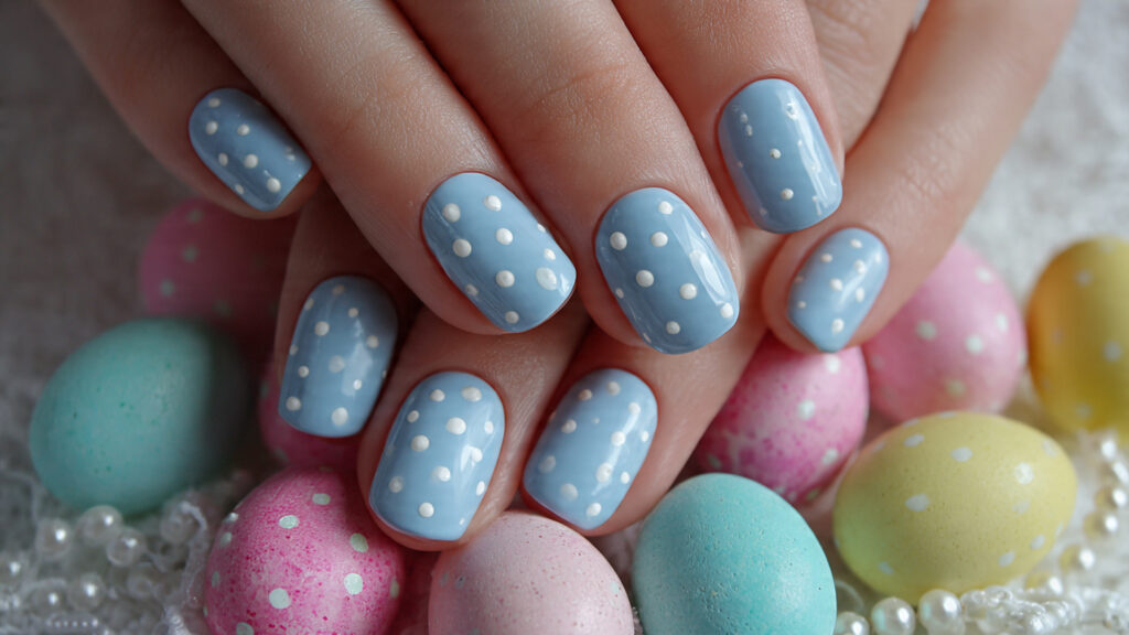 Baby blue Easter nails with minimal dot art