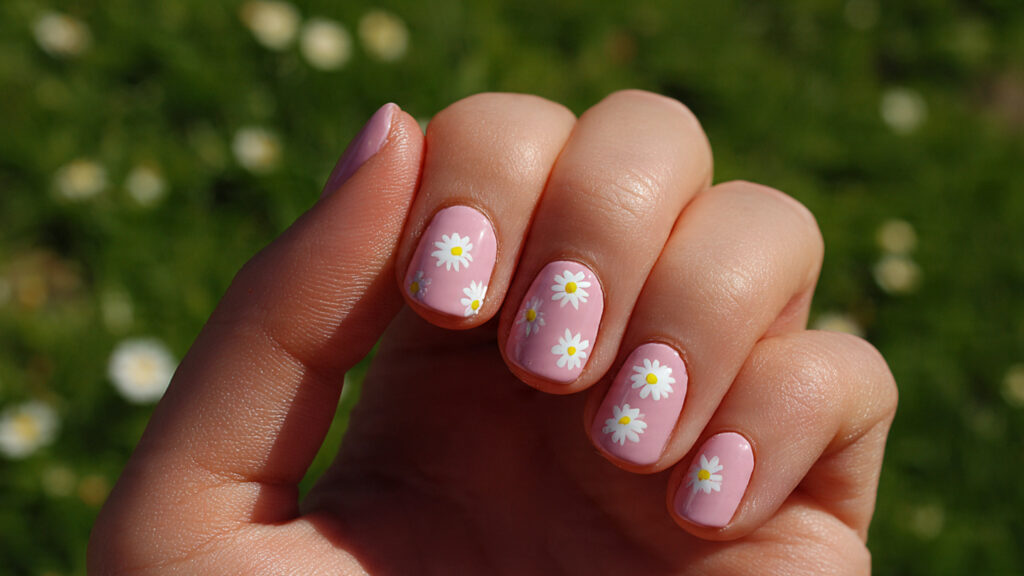 Pink Easter nails with tiny daisy nail art
