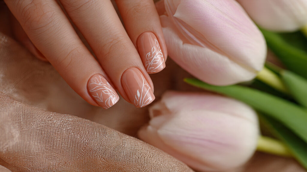 Peach pastel Easter nails with floral line art