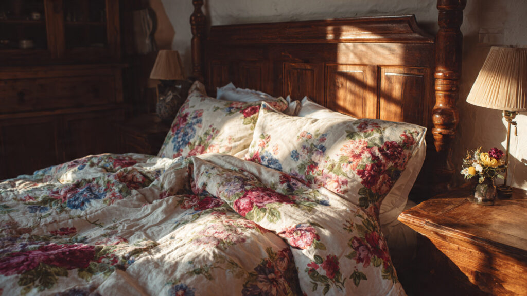 Vintage floral bedding cottage style bedroom inspiration