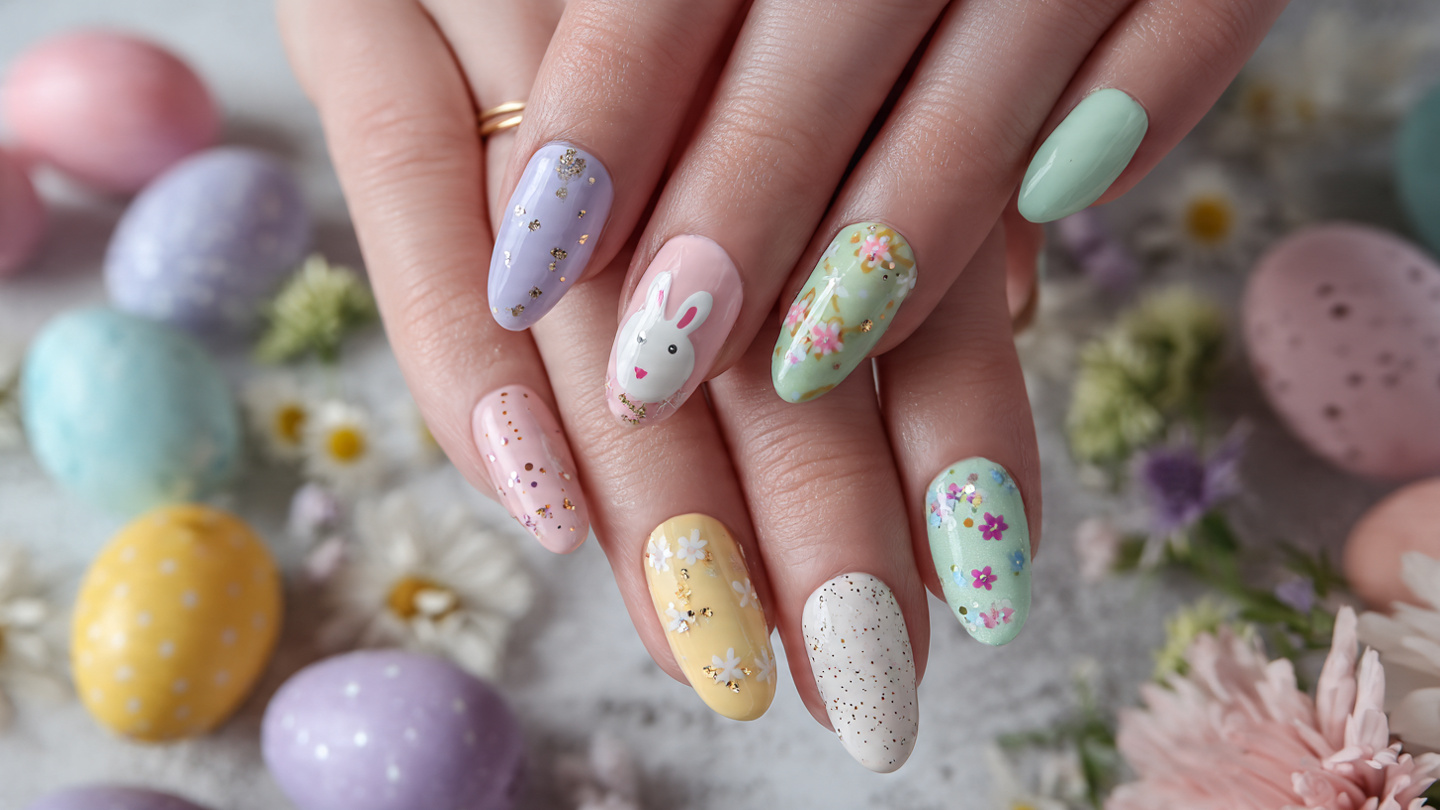 Trendy short Easter nails with pastel colors, bunny art, and spring nail designs.