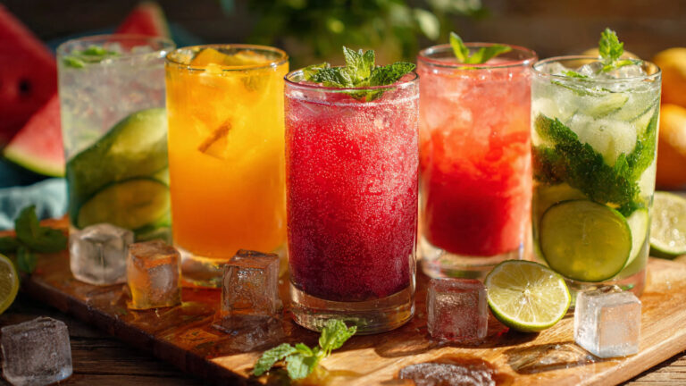 Colorful summer homemade drink recipes with fresh fruits and ice.