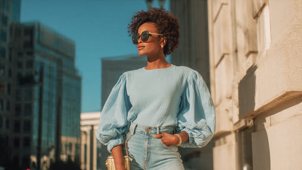 high waist jeans and puff sleeve blouse spring outfit idea