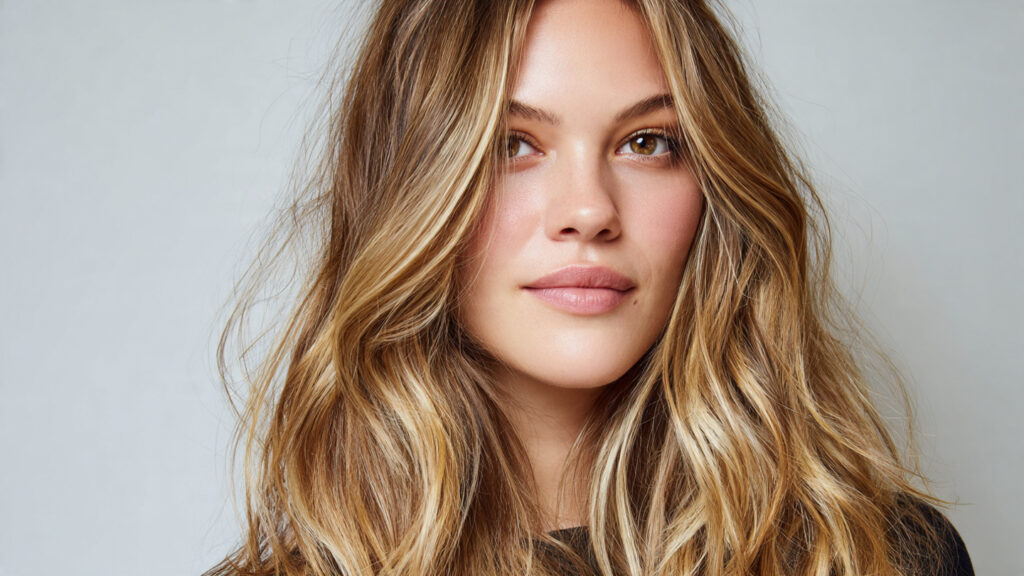 Soft balayage brunette with blonde highlights on long wavy hair.