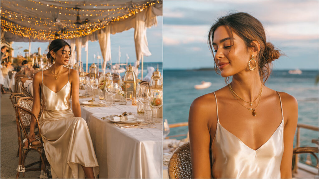elegant summer vacation dinner outfit by the ocean