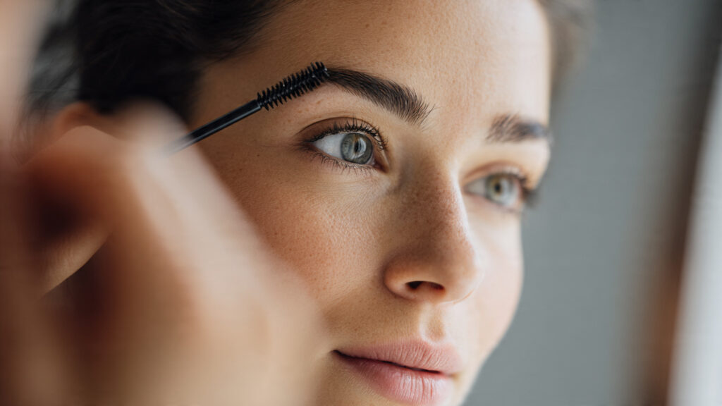 brushing eyebrows with spoolie for natural makeup