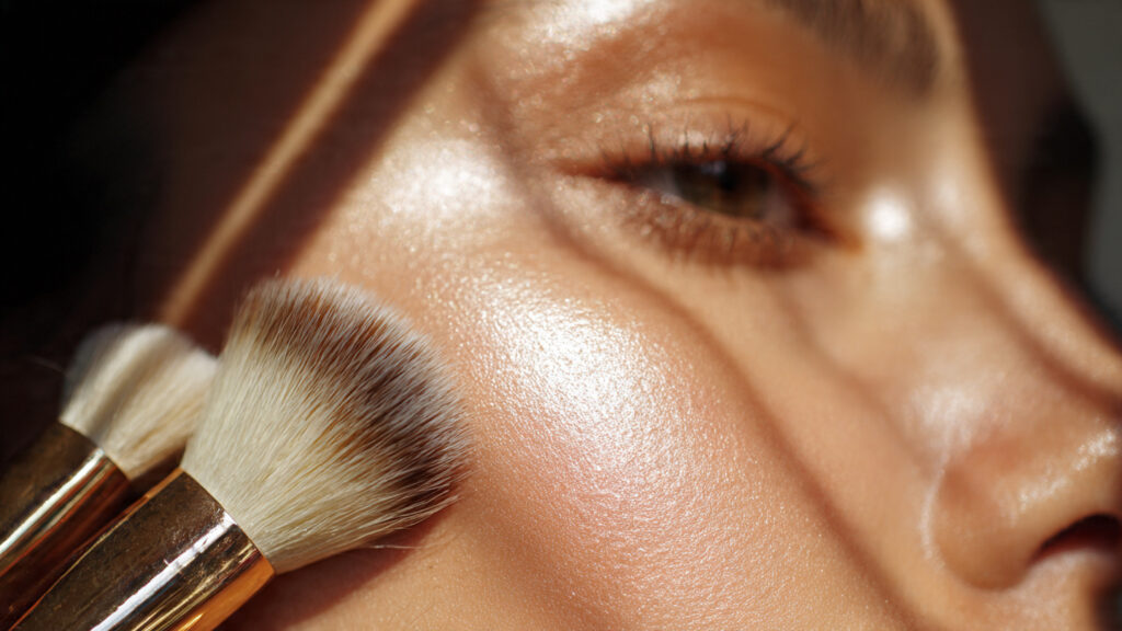 applying subtle highlighter for glowing makeup look