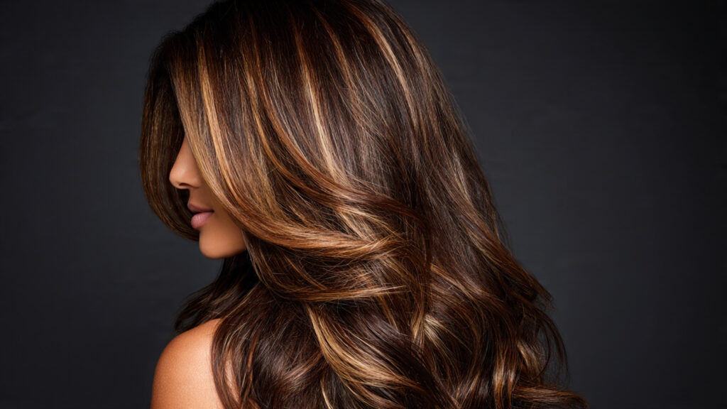 Dark brunette hair with caramel blonde highlights