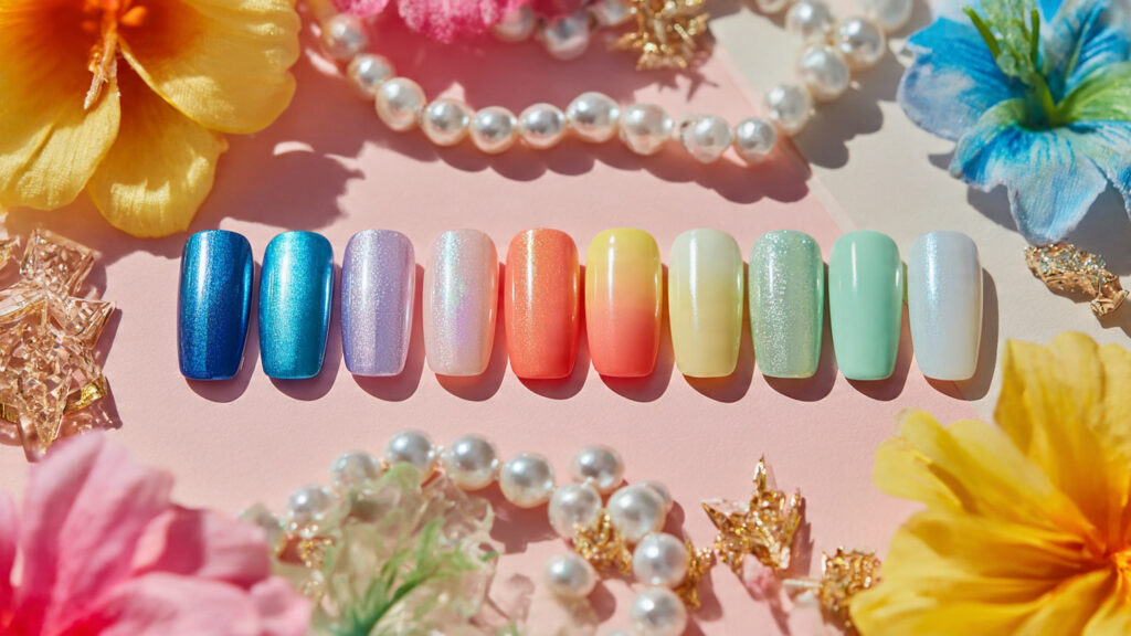 Collection of spring break nails for trendy looks displayed in vibrant tropical layout.