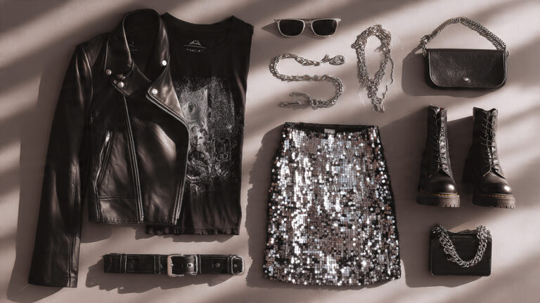 Flat lay of concert outfit essentials for stylish nights.