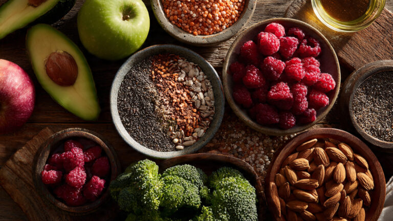 high fiber foods list healthy ingredients flat lay