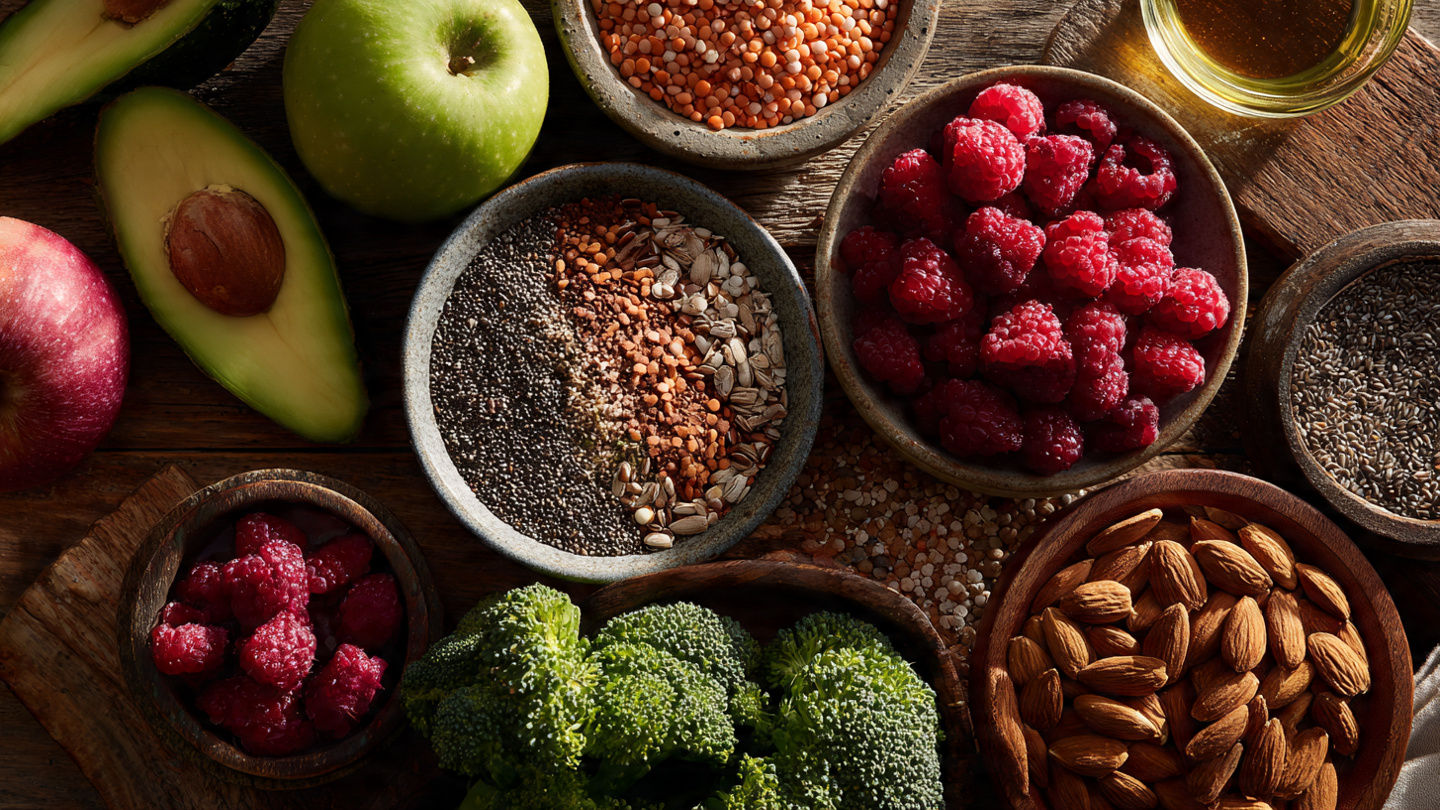 high fiber foods list healthy ingredients flat lay