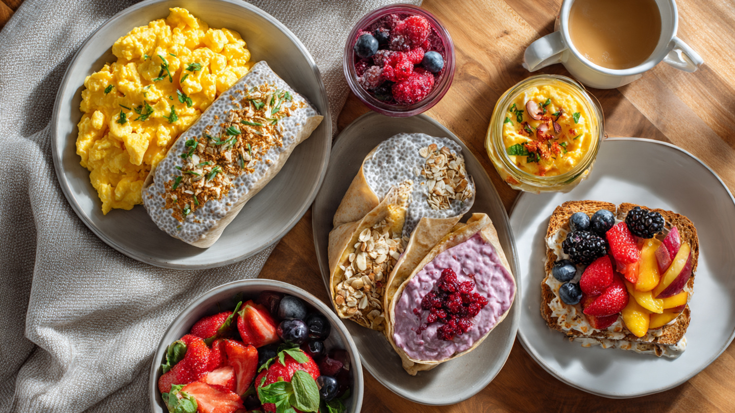 Assortment of easy breakfast ideas including toast, smoothies, oats, and eggs.