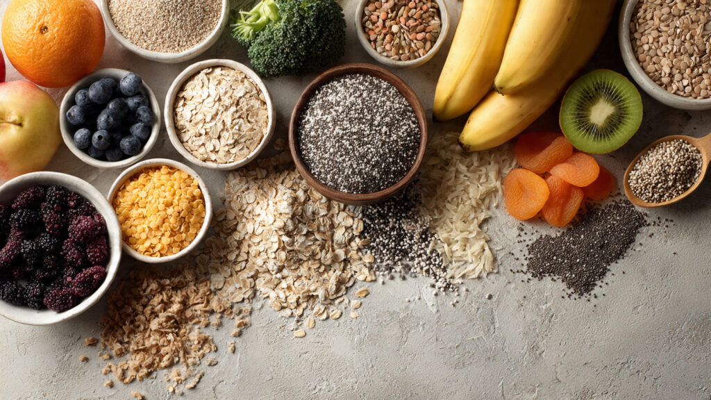 Assorted high fiber foods supporting weight loss and healthy digestion.