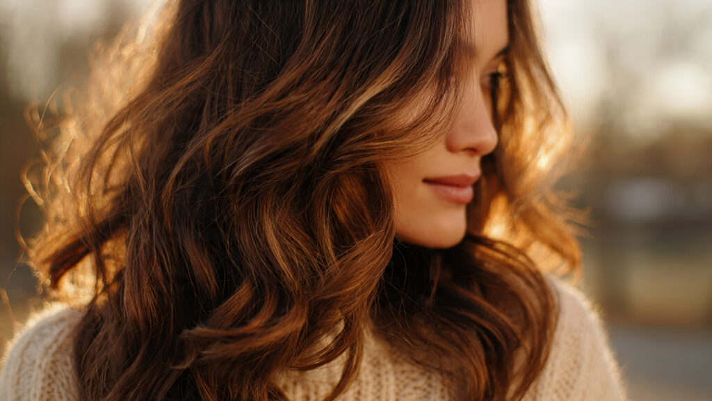 Soft caramel balayage waves on medium brunette hair with warm highlights.