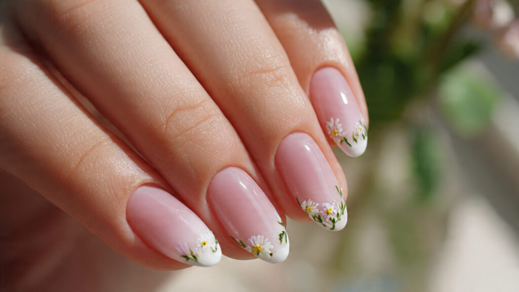 Pink ombré March nails with floral French fade design.