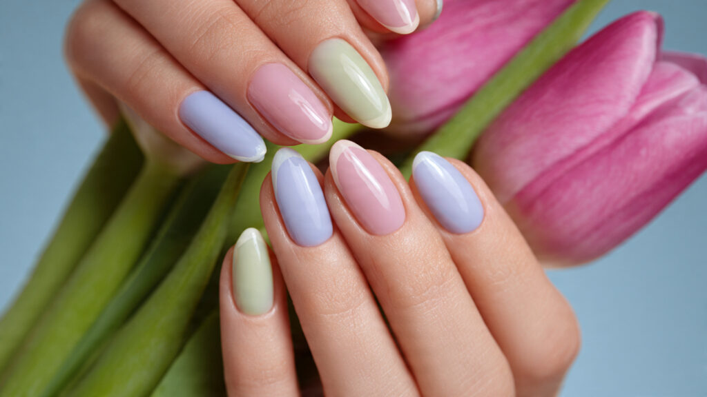 Pastel French tip March nails with soft spring colors.