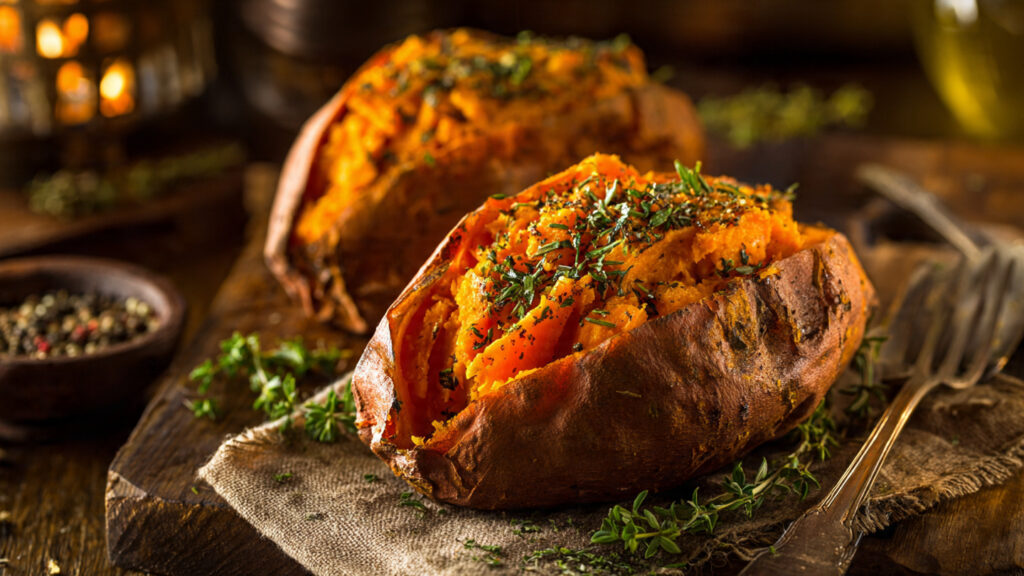 Baked sweet potato high in fiber for healthy weight loss diet.
