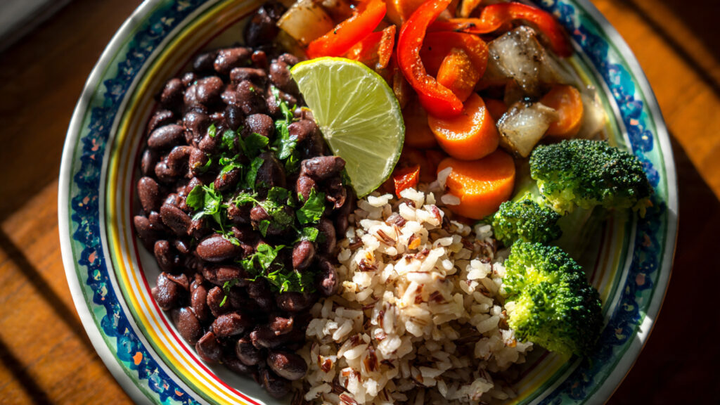Black beans served in bowl as high fiber meal for weight loss.