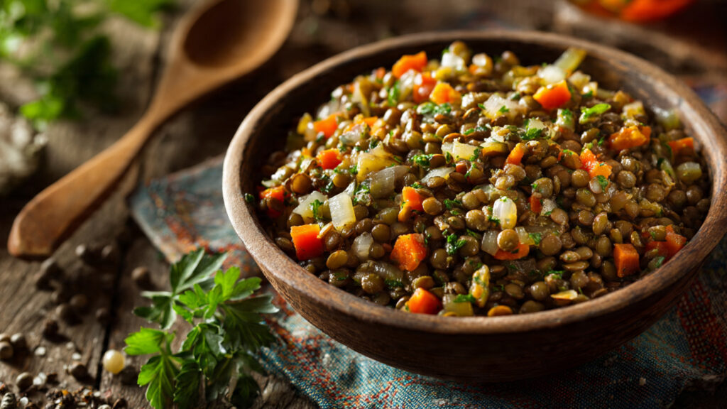 Cooked lentils with vegetables showing high fiber plant-based meal.
