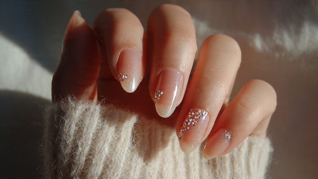 Clear glossy March nails with small crystal accents.