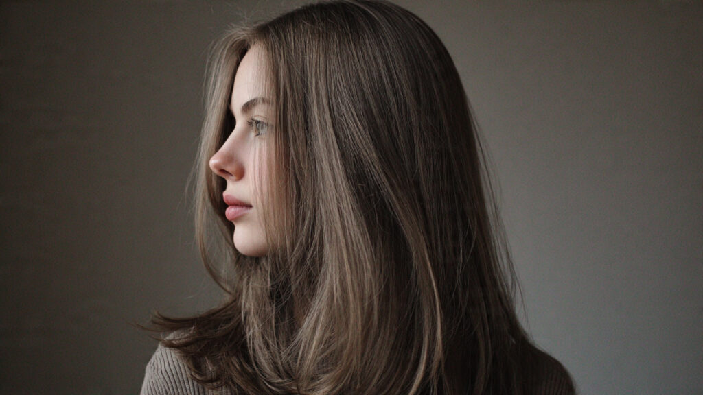 Long ash brown layered brunette hair with cool undertones.