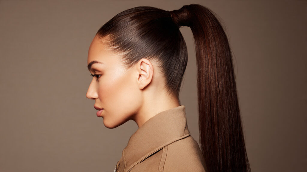 Deep brown sleek high ponytail with glossy finish.