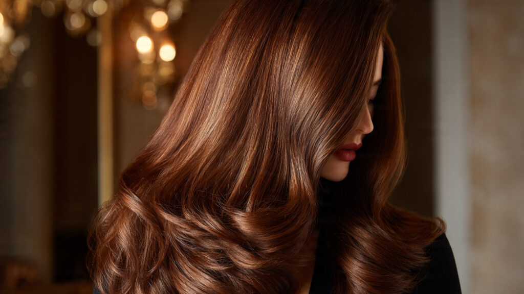 Chestnut brunette blowout with glossy curved ends.