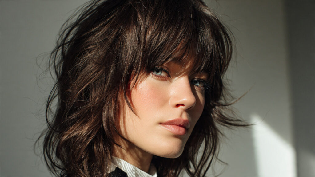 Textured brunette shag haircut with layered movement.