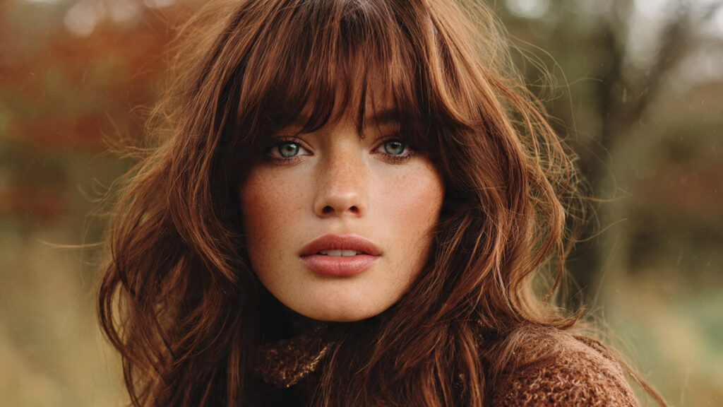Cinnamon brunette hair with curtain bangs and warm tones.