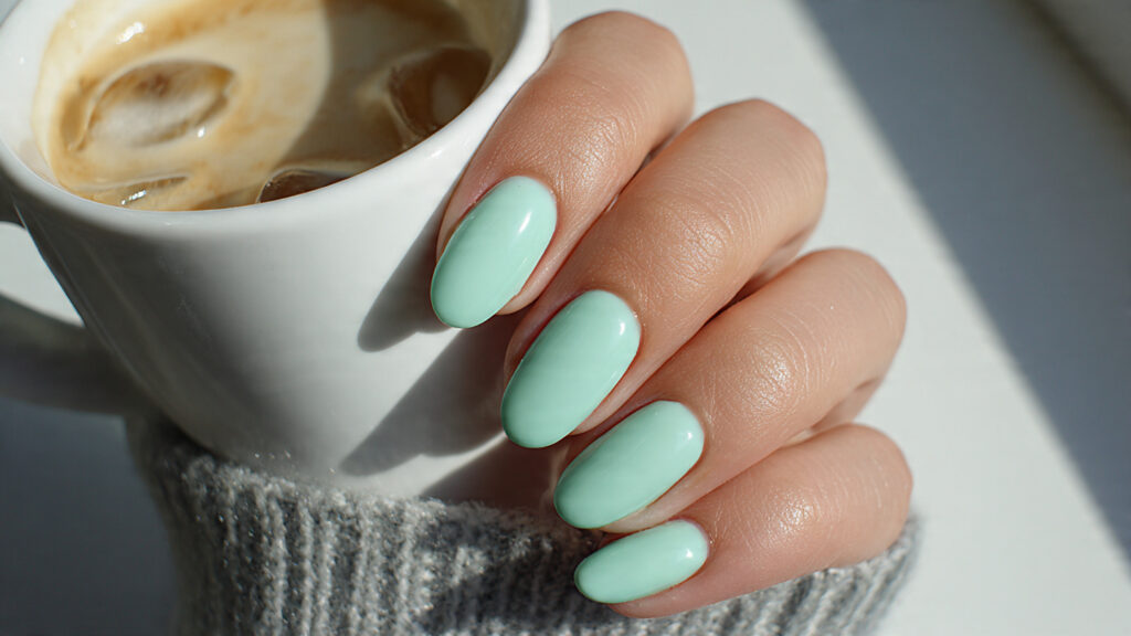 Glossy mint green March nails for fresh spring manicure.