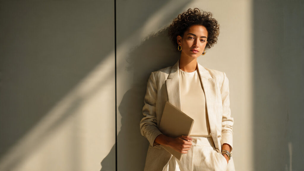Monochrome beige career fair outfit for confident look.
