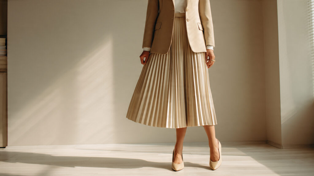 Pleated midi skirt career fair outfit idea.