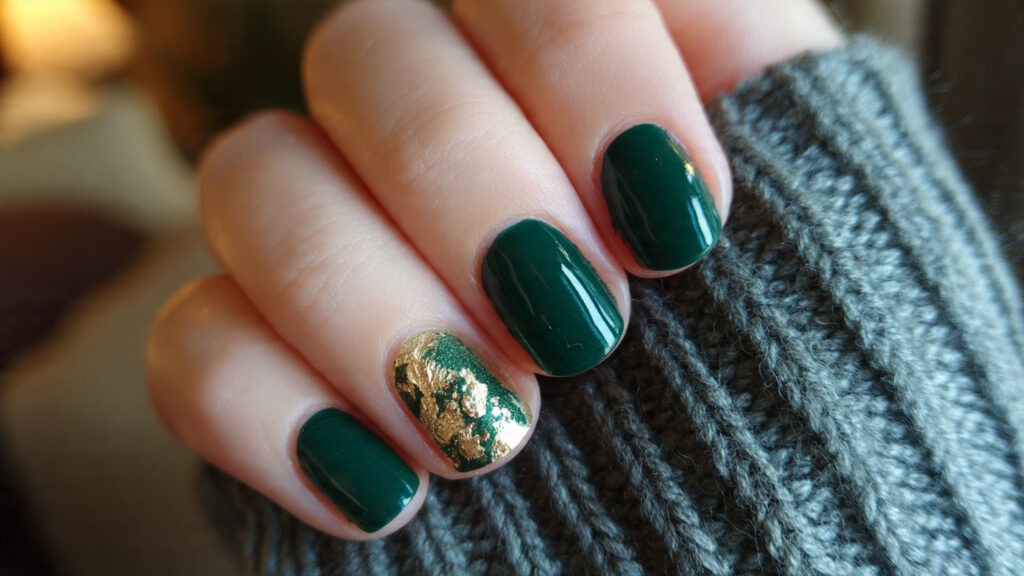Shamrock green March nails with gold accent detail.