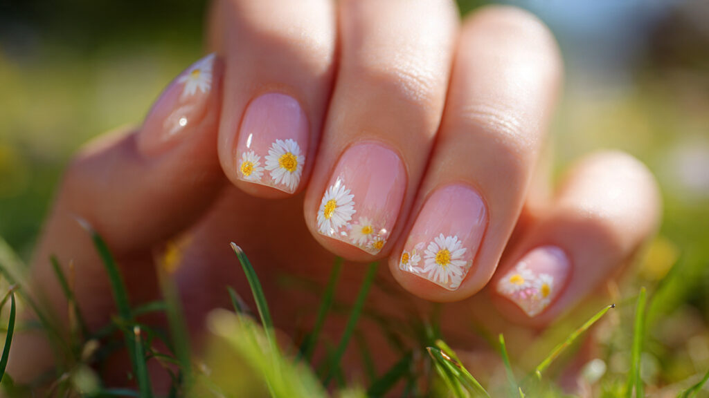 Sheer pink March nails with white daisy nail art.