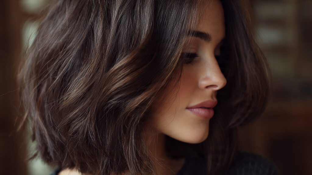 Chocolate brown layered lob with soft volume and side part.