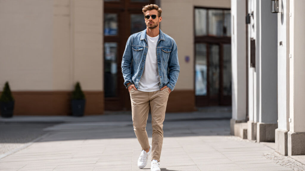 light denim jacket white t shirt chinos spring outfit men