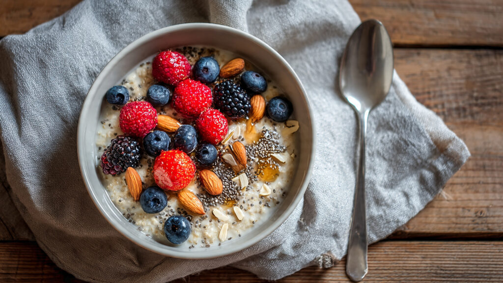 bowl of oatmeal with berries and seeds high fiber breakfast