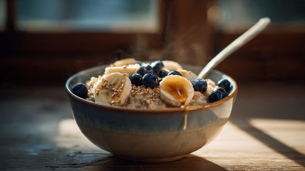 Bowl of oatmeal with fruit as high fiber breakfast for weight loss