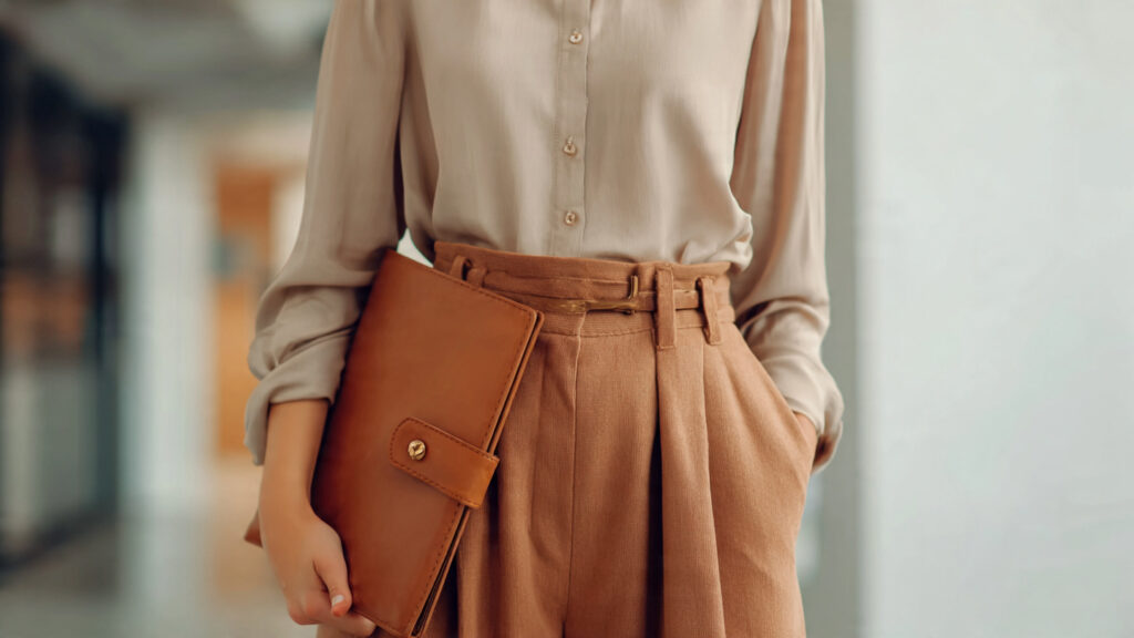 Wide-leg trousers professional career fair outfit.