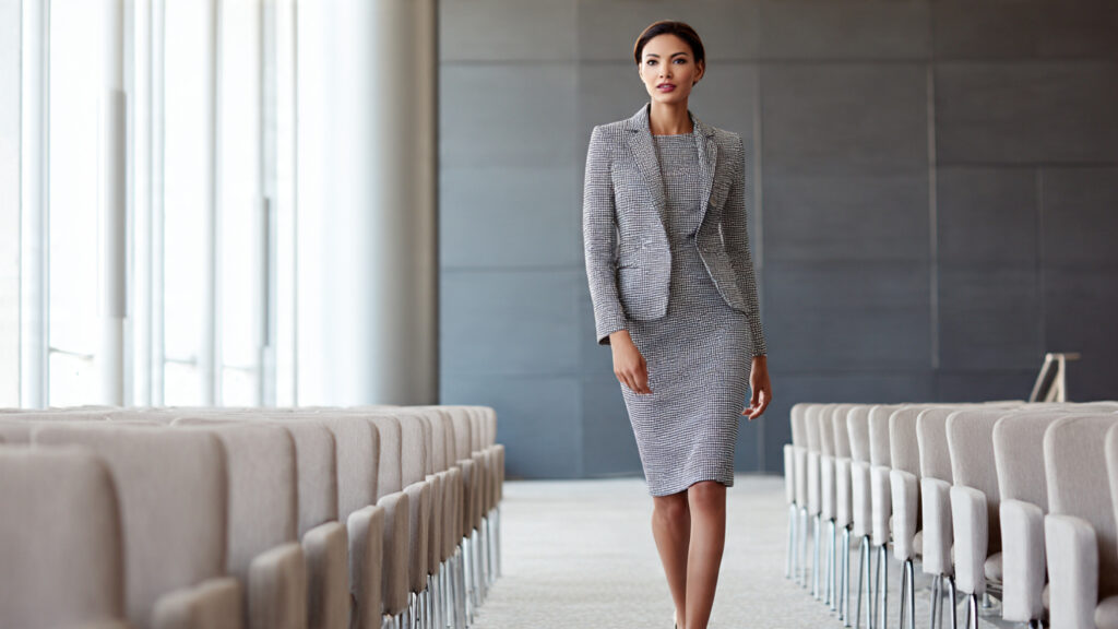 Business dress and blazer career fair outfit idea.