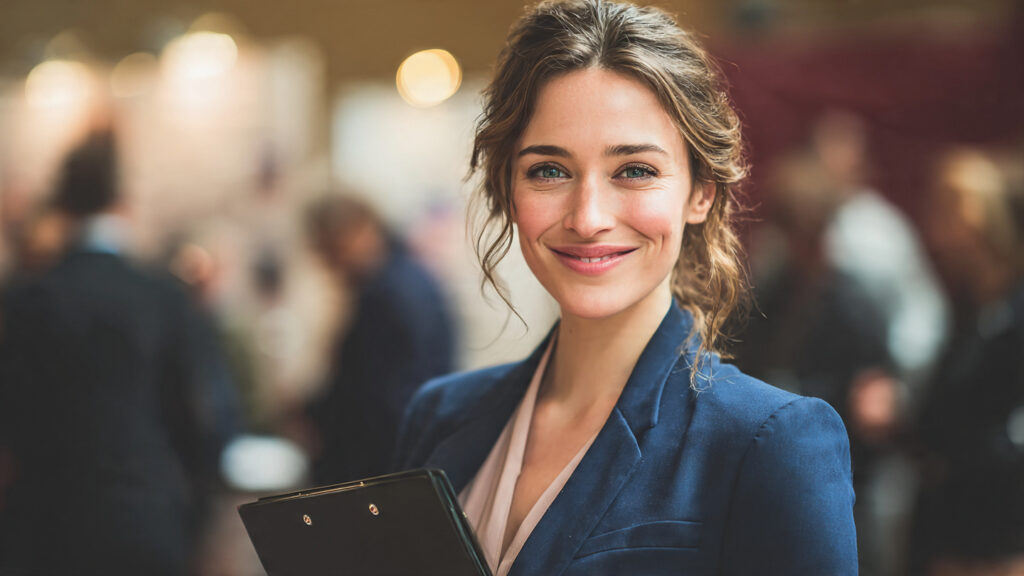 Navy suit career fair outfit for women with soft blouse.