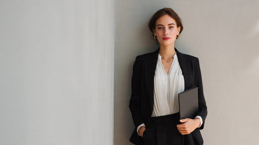 Woman wearing black blazer and tailored trousers for career fair outfit.
