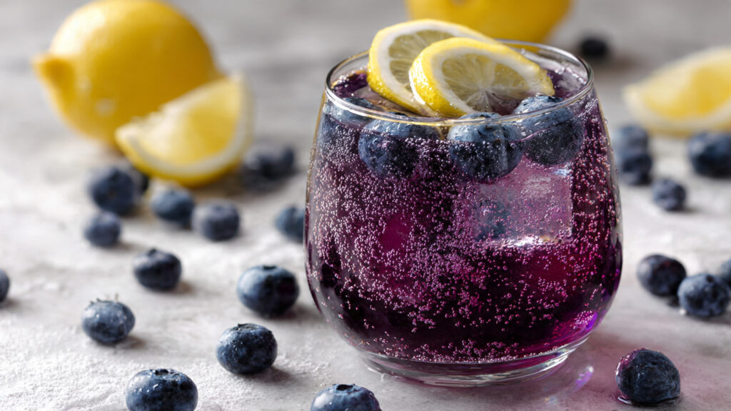 Blueberry lemon spritzer drink with sparkling bubbles.